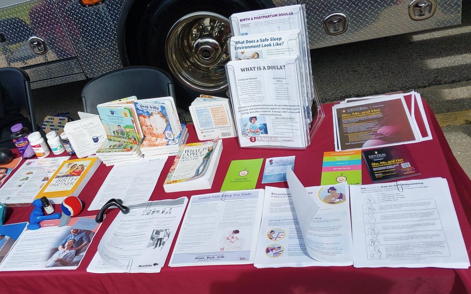 Table full of resource materials on maternal health